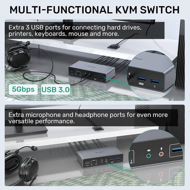 SUIDEK HDMI Displayport KVM Switch, 2 Computers 2 Monitors 4K@60Hz KVM Switcher Dual Monitor for 2 PC, 3 USB 3.0 Ports Support Extended/Mirror Mode with Desktop Controller&2 USB Cables&Power Adapter - Image 4